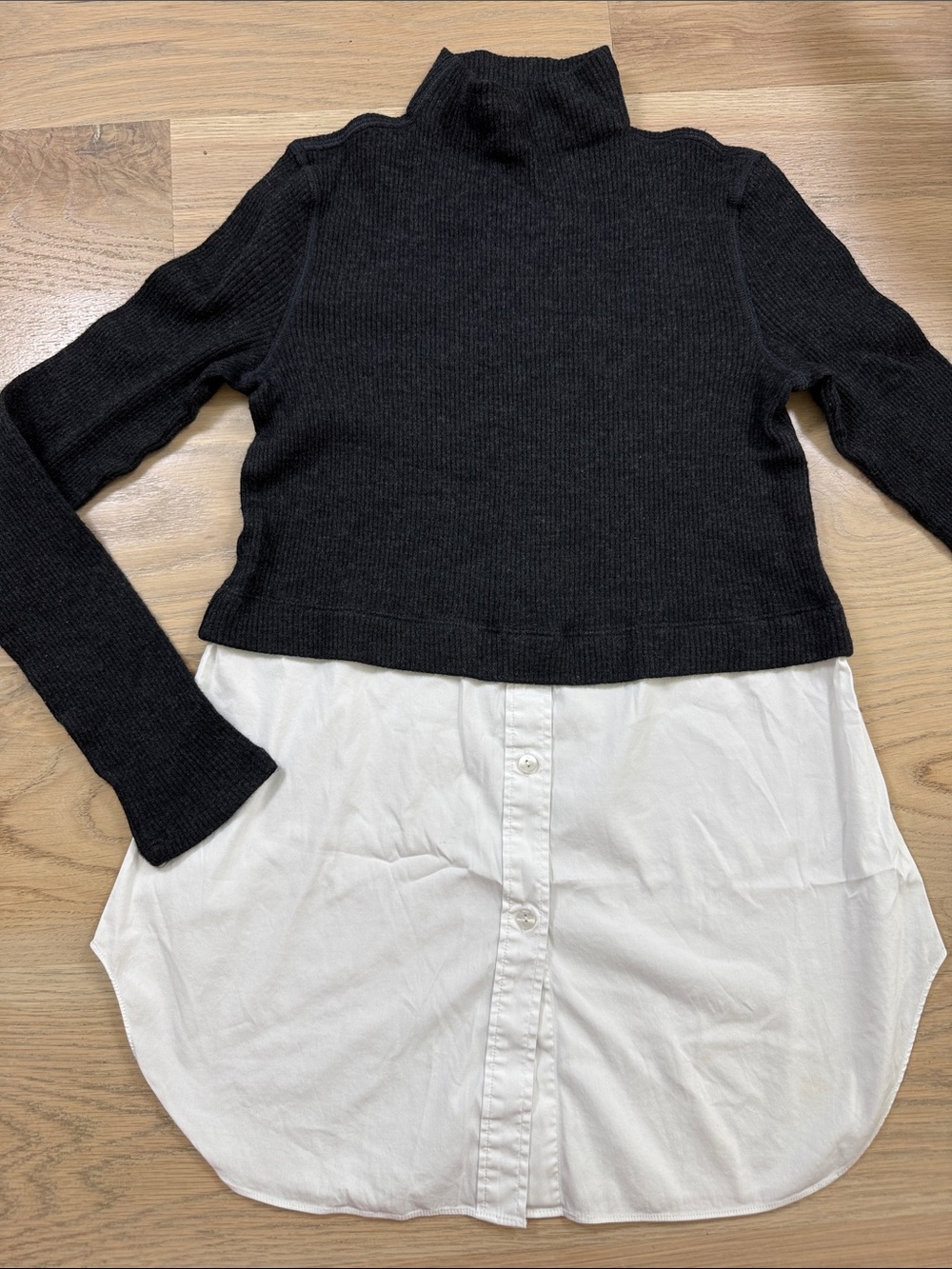Theory Mixed Media Layered Sweater Shirt Top Charcoal Grey White Size Small